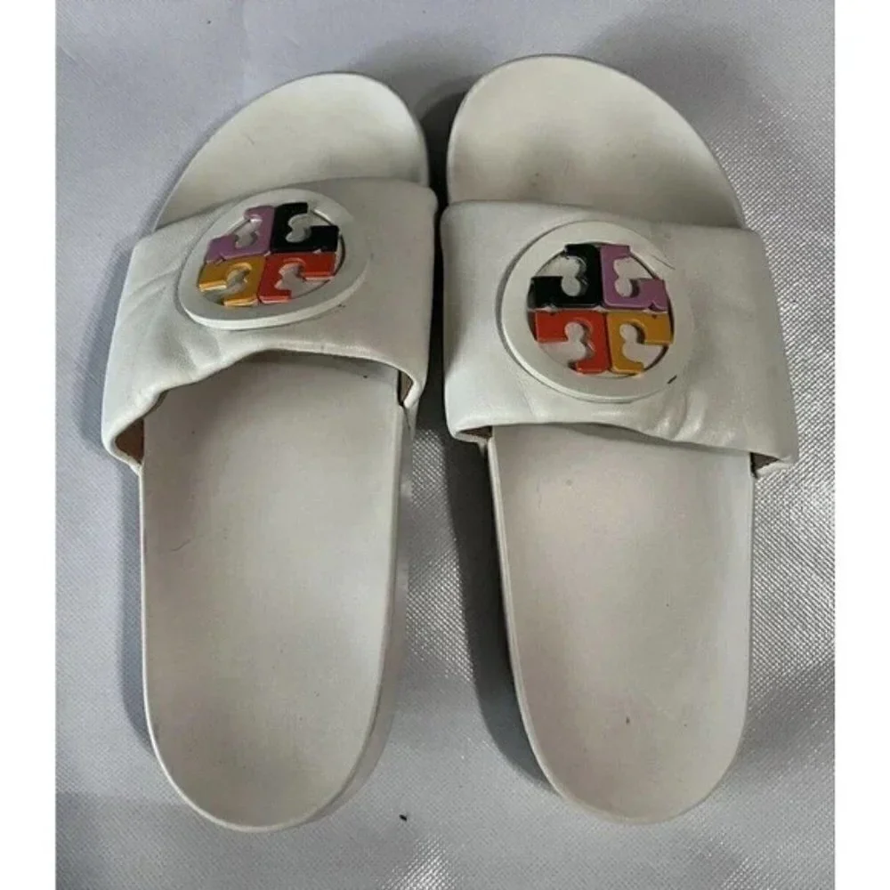 Tory Burch Womens Size 7M Lina Rainbow Logo Slide Nappa Leather Ivory/Multicolor